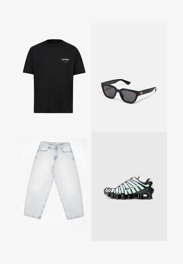 T-shirt en coton noir à manches courtes et col ras du cou. Présente un texte blanc "ALLSAINTS" et "LONDON" sur la partie gauche de la poitrine.; Jeans en denim bleu clair avec une coupe ample et décontractée. Comprend cinq poches, une fermeture à bouton et des détails cousus. Texture décolorée et jambes droites.; Baskets de sport Nike avec un design noir et vert menthe, tige en mesh avec des accents courbés et une semelle de coussin noir proéminente.; Lunettes de soleil noires rectangulaires avec une finition brillante, des verres foncés, et un accent en or sur la branche présentant le logo.