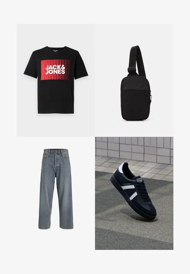 Mustmustega T-särk lühikeste varrukatega, millel on punane ristkülikukujuline graafik vertikaalsete joontega ja valge tekst "JACK & JONES".; Heledad helesinine laiemate jalgadega teksapüksid kõrge vöökoha, viie tasku disaini ja nähtava õmblusega. Pehme tekstuur ja kergelt tuhmuma hakanud välimus.; Must have musta sneaker musta valgete triipudega, tekstuurne kummitald ja nööridega esiosa. Omab bränditud märki keele peal.; Mustmust crossbody kott mustekangast, millel on üks reguleeritav rihm, lukuga põhiosas ja eesmine tasku.