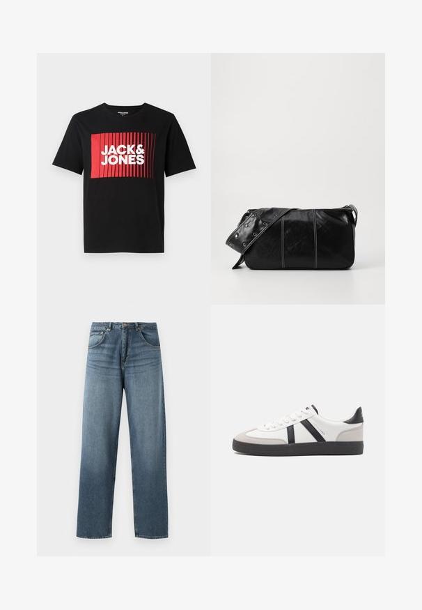 Melnā T-kreklā ar īsām piedurknēm ir sarkans taisnstūra grafiskais dizains ar vertikālām līnijām un teksts "JACK & JONES" baltā krāsā.; Taisni kāju zili džinsi ar izbalējušu apdari, piecdesmit kabatu dizains, metalizēta pogu un jostas cilpas. Strukturēta, vidēji smaga auduma.; Baltas sneakeris ar melniem un pelēkiem akcentiem, kuram ir teksturēts pelēks purngals, melna gumijas zole un plakanas baltas šņores. Tīrs dizains, minimālisma stils.; Melnas ādas plecu soma ar rāvējslēdzēja aizdari, ar teksturētu virsmu, baltu dūrienu un siksnu ar sudraba iekavām.