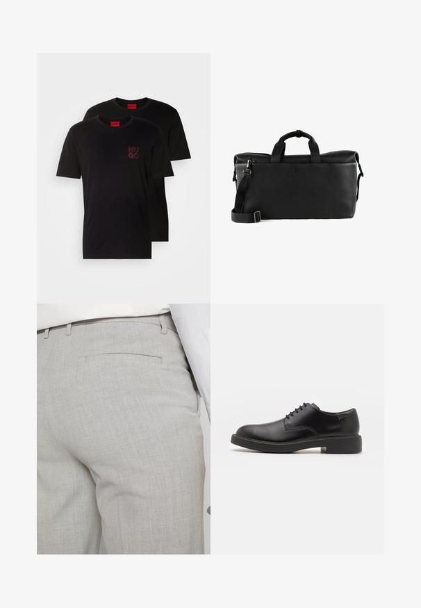 Due magliette nere in cotone con scollatura rotonda. Presentano un logo rosso "HUGO" sul petto. Design semplice, maniche corte e vestibilità regolare.; Pantaloni sartoriali grigio chiaro realizzati in tessuto strutturato, con una tasca posteriore singola e cuciture pulite.; Scarpa nera in pelle con lacci, punta tonda, texture liscia, cuciture minime e tacco in gomma basso. Logo sul tacco.; Borsa da viaggio in pelle nera con superficie testurizzata, manici doppi, tracolla regolabile e chiusura superiore con zip. Semplice dettaglio del logo sulla parte anteriore.