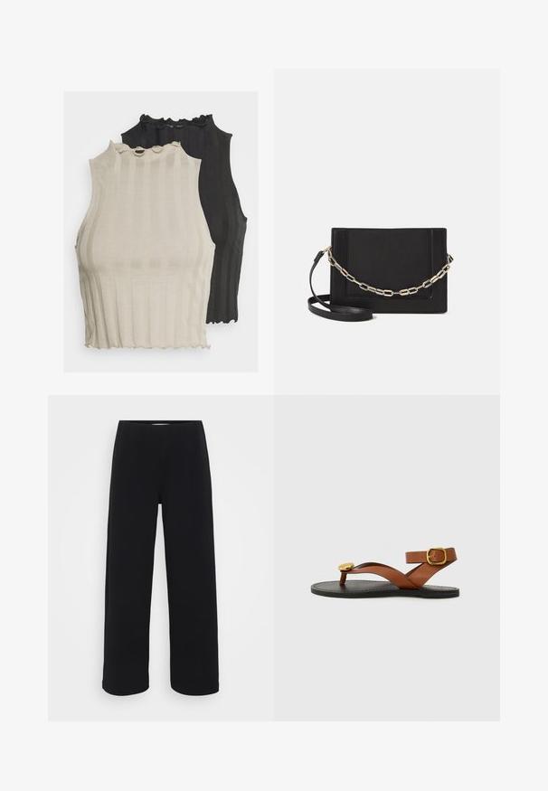 Két bordázott ujjatlan felső látható, az egyik világos bézs, a másik fekete színű. Mindkettő hullámos dekoltázzsal és testhezálló fazonnal rendelkezik.; Fekete, bő szárú nadrág, elasztikus derékkal. Texturált anyagból készült, laza szabású, egyenesen vágva a csípőtől a szegélyig.; Barna bőr szandál lapos fekete talppal, kereszteződő pántokkal és arany színű díszítéssel a lábujjaknál. Állítható bokapánttal rendelkezik.; Fekete bőr keresztpántos táska, sima textúrával, téglalap alakú és fém lánc részlettel az elején. Állítható pánttal ellátva.