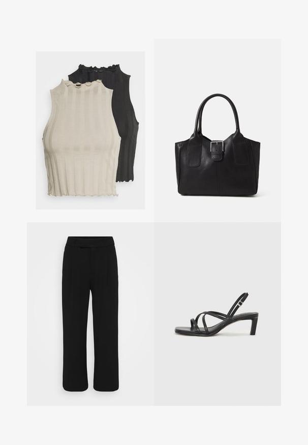 Two ribbed sleeveless tops are shown, one in light beige and the other in black. Both have a scalloped neckline and a fitted shape.; Black wide-leg pants made of a smooth fabric, featuring a flat front, belt loops, and no visible pockets. Clean, tailored design.; Black strappy sandal with a square toe and a low block heel. Features multiple thin straps and an adjustable ankle strap. Made of smooth leather.; Black leather tote bag with smooth texture, structured shape, two handles, and a prominent silver buckle detail on the front.