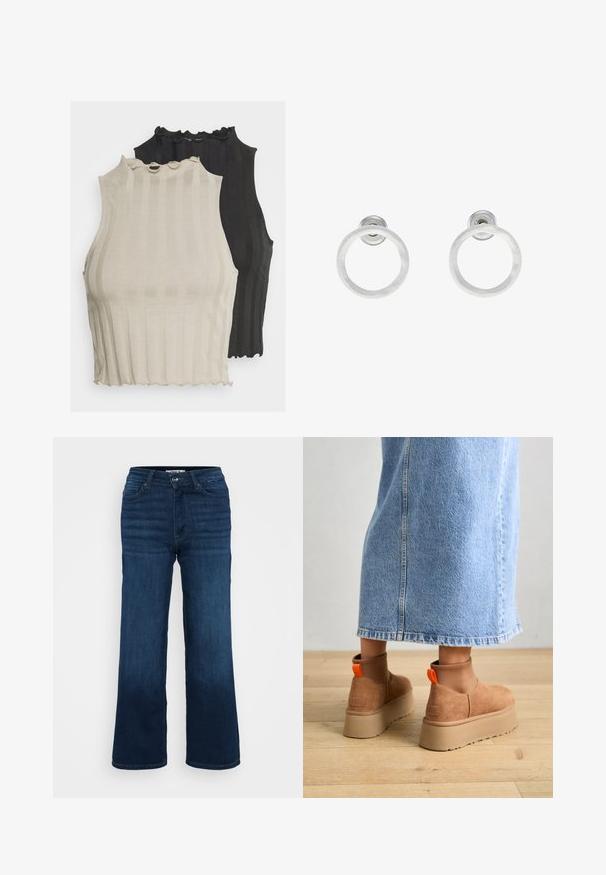 Kaksi uritettua hihattomaa toppia on esillä, yksi vaaleanbeige ja toinen musta. Molemmissa on aaltoileva pääntie ja tiukka muoto.; ONLY Petite ONLMADISON BLUSH WIDE - Leveälahkeiset - dark blue denim; Ruske mokasine z platformo in elastiko na straneh ter oranžnimi zategovalnimi trakovi, v kombinaciji z osnovno dolžino svetle denim krila na lesenem podu.; Hopeista valmistetut korvakorut, joissa on harjattu pinta, ympyrän muotoinen muotoilu ja kirkas varsi takana, joka takaa turvallisen käytön.