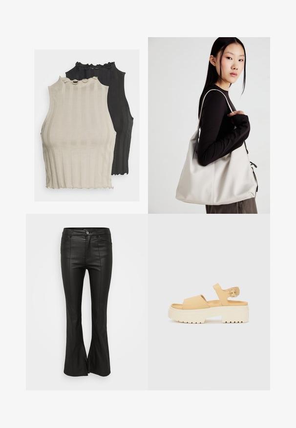 Mostram-se duas camisetas sem mangas com nervuras, uma em bege claro e a outra em preto. Ambas têm um decote em forma de concha e um corte ajustado.; Calças flare pretas com uma textura brilhante, semelhante a couro, apresentando bolsos frontais, fecho com botão e fendas laterais na bainha.; Sandália amarela em imitação de couro com uma sola branca chunky. Apresenta duas tiras largas e uma tira de tornozelo ajustável com fivela de metal.; Uma bolsa bege feita de material macio, com um design descontraído, detalhes de costura e duas alças para o ombro. Adequada para uso diário.