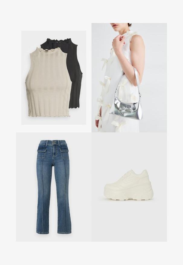 Mostram-se duas camisetas sem mangas com nervuras, uma em bege claro e a outra em preto. Ambas têm um decote em forma de concha e um corte ajustado.; ONLY Petite ONLWAUW MID WAIST FLARED - Calças de ganga à boca de sino - medium blue denim; Tênis brancos de plataforma com um cabedal suave semelhante a couro, formato arredondado, colarinho acolchoado e sola de borracha texturizada com ranhuras bem definidas.; Bolsa metálica prateada com uma forma estruturada, apresentando uma alça superior e um detalhe de laço na frente. Textura suave, acabamento reflexivo.