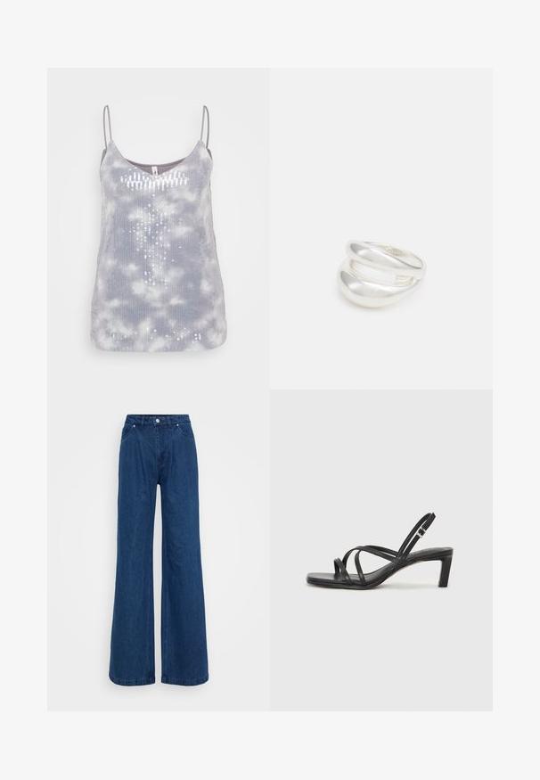 Pilka liemenė su minkšta tekstūra, puošta spalvotu raižiniu ir blizgučiais vertikaliai, reguliuojamos plonos petnešos.; Mėlynos plačios džinsinio audinio kelnės su aukšta juosmens linija, priekyje mygtukas ir užtrauktukas, bei priekinės ir užpakalinės kišenės prieš paprastą foną.; Juodi šlepetės su kvadratiniu pirštu ir žemu bloku kulnu. Yra keli ploni dirželiai ir reguliuojamas kulkšnies diržas. Pagaminti iš lygios odos.; Sidabrinis dvigubas žiedas su lygiu, poliruotu paviršiumi. Pasižymi sklandžiu, kreiptu dizainu su persipinančiomis dalimis, suteikiančiomis modernų išvaizdą.; Sidabrinis dvigubas žiedas su lygiu, poliruotu paviršiumi. Pasižymi sklandžiu, kreiptu dizainu su persipinančiomis dalimis, suteikiančiomis modernų išvaizdą.