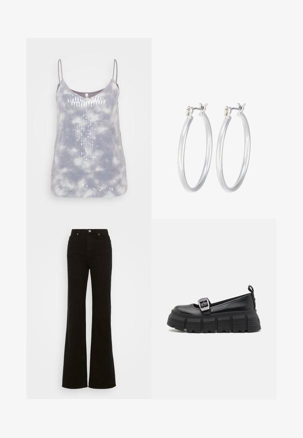 Top sin mangas gris con una textura suave, que presenta un patrón de teñido anudado y acentos de lentejuelas dispuestos en forma vertical, con tirantes ajustables delgados.; Vaqueros acampanados de tiro alto en negro, hechos de mezclilla, con cierre de botón, bolsillos laterales y una textura suave.; Mocasines de plataforma negros con punta redondeada, parte superior de cuero suave, hebilla ajustable y suela de goma texturizada con estrías horizontales.; Pendientes de aro de plata con un acabado liso y pulido. Forma redonda y cierre de click seguro. Diseño ligero adecuado para el uso diario.
