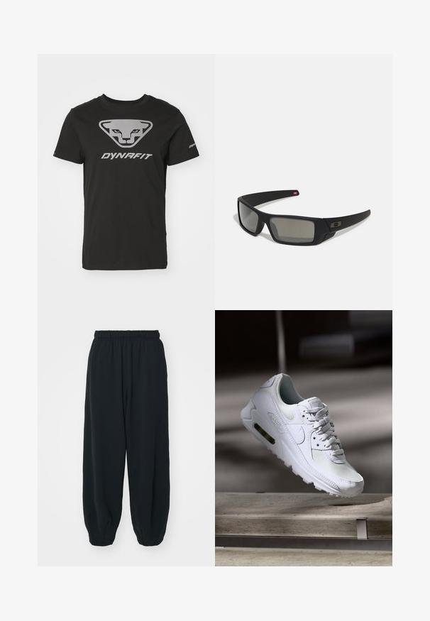 Tricou din bumbac negru, prezentând un logo triangular cu o față de animal stilizată și textul "DYNAFIT" în argintiu. Are mâneci scurte și un guler rotund.; Pantaloni de trening negri, cu talie elastică, cu o croială lejeră, la baza pantaloni fiind strânși, având o textură netedă și fără modele sau accente metalice vizibile.; Adidașii Nike Air Max 90 albi, având un superior din plasă și piele, cutie pentru degete perforată și o unitate de aer vizibilă în călcâie.; Ochelari de soare negri cu o finisare mată, lentile dreptunghiulare, curbură ușoară pe bănci, detaliu subtil cu logo și lentile cu tentă fumurie.