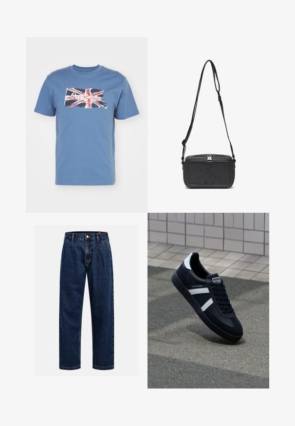 Pepe Jeans CLAG - T-shirt med print - sea blue; Mörkblå denimjeans med rak bendesign. Har synliga sömmar, knappstängning och framträdande veck för extra detalj.; Svart lädersneaker med vita ränder, texturerad gummisul, och snörning fram. Har en märkesskylt på tungan.; Svart läder crossbody-väska med dragkedjestängning, präglad logga på framsidan och justerbar rem. Slät textur med rektangulär form.