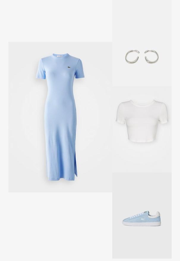 Baltas, apgriezts t-krekls ar ribotu tekstūru, apaļu kakla izgriezumu un īsām piedurknēm. Audums izskatās mīksts un viegls, ideāli piemērots slāņošanai.; Gaiši zilas krāsas, īsām piedurknēm, ribotas midi kleitas ar apaļu kaklu un nelielu zaļu logo kreisajā krūtīs, ar sānu asu apakšmalā.; Gaiši zilas ādas kedas ar baltām auklām un gumijas zoli. Iekļauj nelielu sudraba logotipu sānos un baltu ādas papēža cilpu.; Sudraba riņķveida auskari ar gludu, noapaļotu dizainu un spīdīgu, pulētu apdari. Raksturīga minimālisma forma ar nelielu atvērumu.