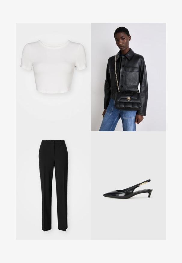 Fehér, cropped póló bordás textúrával, kerek nyakkal és rövid ujjakkal. Az anyag puhanak és könnyűnek tűnik, ideális rétegezéshez.; Fekete, testhezálló nadrág egyenes szárú kivitelben, sima textúrával és éles redőkkel az elején. Nincs látható fémalkatrész.; Fekete bőr slingback magassarkúk, hegyes orral, vékony sarkakkal és arany színű részlettel a állítható pánton. Simа felület.; Fekete bőrkabát gombos záródással és két elülső zsebbel, fekete steppelt kézitáskával párosítva, amely arany csattal és lánc pánttal rendelkezik.