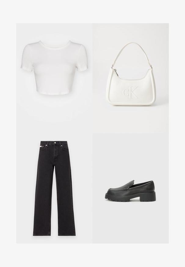Bílý zkrácený tričko s jemným žebrovaným vzorem, kulatým výstřihem a krátkými rukávy. Tkanina vypadá měkce a lehce, ideální pro vrstvení.; Černé široké jeansy vyrobené z denimu, s vysokým pasem, pěti kapsami a kovovým zapínáním s kontrastním prošíváním.; Černé kožené mokasíny s okrouhlou špičkou, silnou strukturovanou podrážkou a minimálními detaily šití. Elegantní design bez viditelných tkaniček nebo kovových prvků.; Bílá kožená kabelka s křivkovým tvarem, na přední straně s vyraženým logem "CK" a jediným ramenním popruhem. Zipový uzávěr na vrchu.