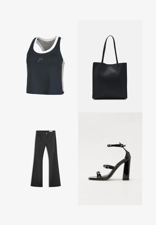 Canottiera atletica in blu navy e grigio con una finitura bianca. Presenta un collo a scopo e un design posteriore asimmetrico. Realizzata in un tessuto morbido.; Jeans neri a campana realizzati in denim con una texture liscia, dotati di due tasche posteriori e chiusura con bottone in vita.; Sandali con tacco alto in vernice nera con due cinturini con fibbia, punta quadrata e tacco spesso a blocco, caratterizzati da una texture liscia e lucida.; Borsa tote in pelle nera con texture liscia, forma rettangolare e due manici lunghi. Nessun hardware o decorazione visibile.