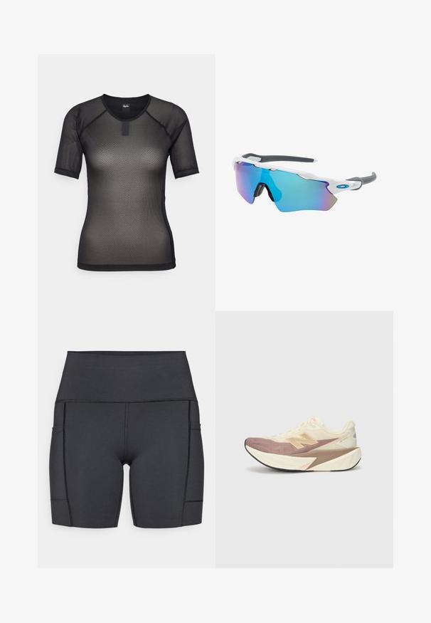 Černý krátký rukáv síťovaný top s kulatým výstřihem a raglánovými rukávy. Má texturovaný vzor a malou značkovou etiketu na límci.; Černé vysoké šortky z elastické tkaniny, s bočními kapsami, plochými švy a hladkým povrchem pro pohodlí při aktivitách.; Běžecká obuv s krémovým svrškem, růžovými akcenty a šedými detaily. Má silnou podrážku s texturovaným povrchem a výrazným logem.; Sluneční brýle s bílým rámečkem, šedými akcenty a modrými zrcadlovými čočkami. Sportovní design, obepínající tvar a nastavitelné nosní podložky.
