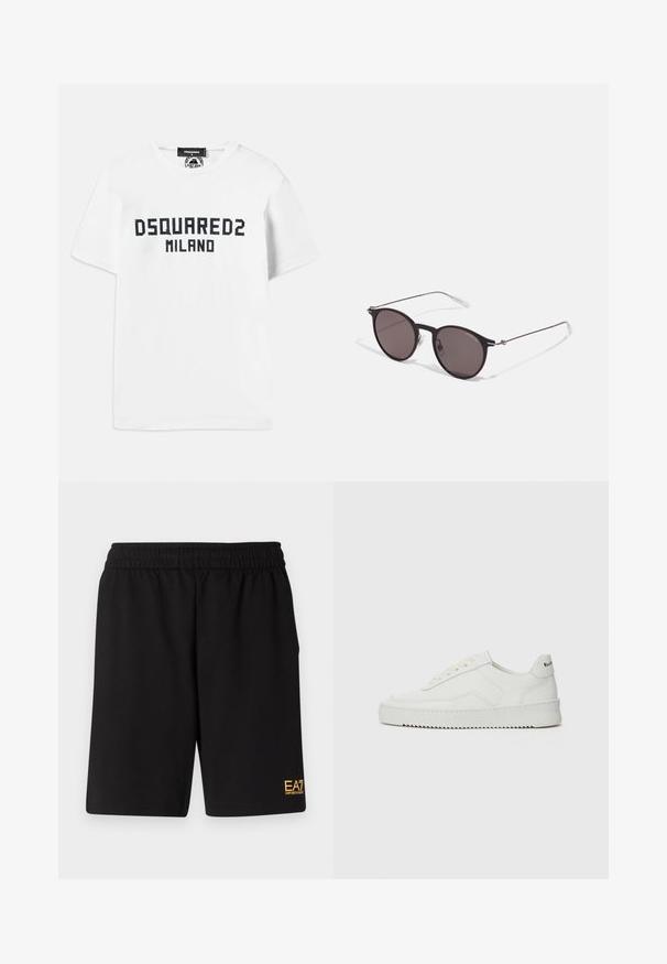 Dsquared2 COOL FIT TEE - T-shirt print - white/dark navy; Zwarte sportshorts van zacht materiaal, met een elastische tailleband en een klein geel EA7-logo op de onderste linkeronderbroek.; Witte leren sneaker met een gladde afwerking, ronde neus, platte veters en een gestructureerde zool. Kenmerkt zich door een subtiel logo op de hiel.; Zwarte ronde zonnebril met donkere lenzen en slanke metalen armen. Inclusief heldere tempelpunten en zilveren accenten bij de scharnier. Minimalistisch ontwerp.