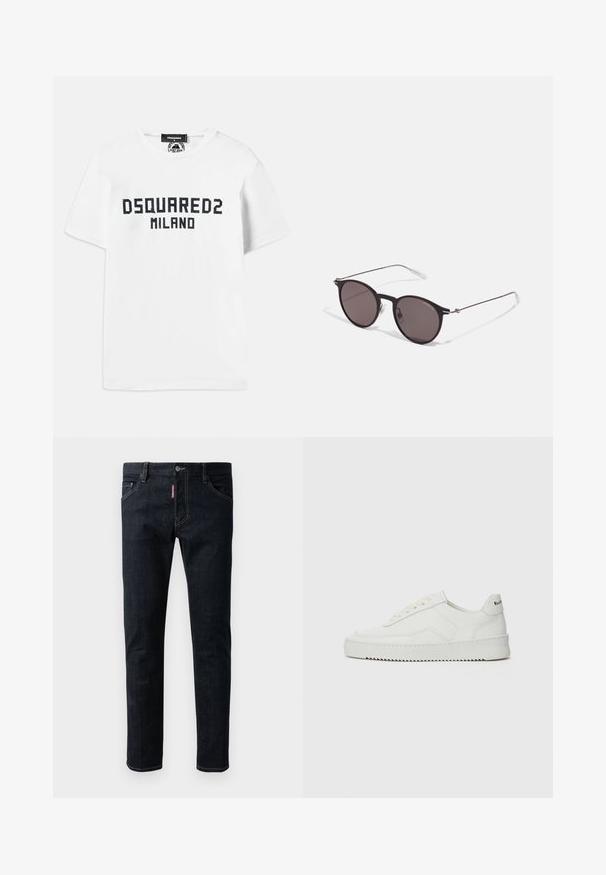 Dsquared2 COOL FIT TEE - Printtipaita - white/dark navy; Tummansinisiä farkkuja, joissa on kapea leikkaus. Niissä on nappisuljenta, viisi taskua ja erottuvaa keltaista tikkausta saumoissa.; Valkoinen nahkakenkä, jossa on sileä pinta, pyöreä kärki, tasaiset nauhat ja teksturoitu pohja. Sisältää huomaamattoman logon kantapäässä.; Musta pyöreä aurinkolasit tummilla linsseillä ja kapeilla metallikehyksillä. Sisältää kirkkaat temppelet ja hopeiset yksityiskohdat saranassa. Minimalistinen muotoilu.