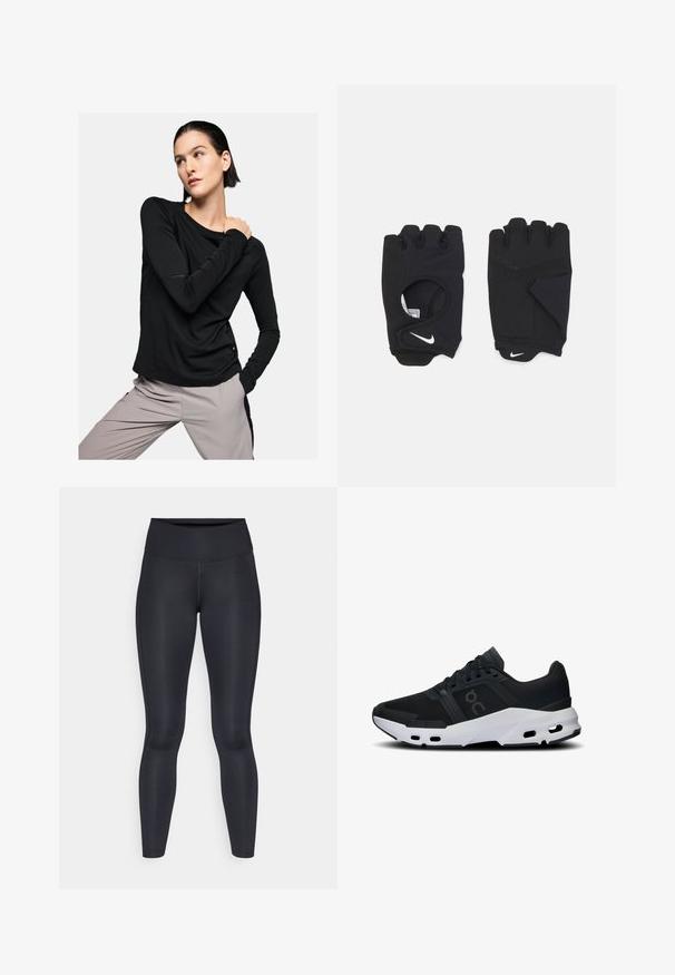 Dolgi rokav črna majica iz mehkega materiala, z zaobljenim ovratnikom in oprijetim krojem, v kombinaciji s svetlo sivo hlačami.; Črne legice narejene iz gladkega, elastičnega materiala. Visok pas brez vidnih vzorcev ali dodatkov. Tesno se prilegajo od pasu do gležnjev.; Črne športne čevlje z dihalno mrežasto zgornjo plastjo, gumijastim podplatom in belimi detajli. Imajo oblazinjeno, podporno zasnovo z vidnimi prezračevalnimi odprtinami.; Črne brezprstne rokavice iz raztegljivega materiala, z obliko odprtega dlani, s poudarki za oprijem in logotipom Nike v beli barvi.