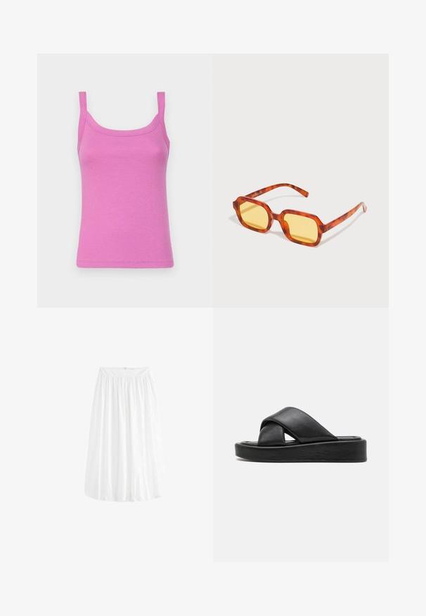 GAP MOD RIB - Top - budding lilac; Fustă albă, până la genunchi, confecționată dintr-un material ușor. Dispune de un elastic la talie pentru un fit ajustabil și o cădere moale.; Sandale slide din piele neagră cu design cu bretele încrucișate, talpă plată și textură netedă. Estetică minimalistă și monocromă.; Ochelari de soare rectangulari cu rame roșii cu model țestoasă și lentile galbene. Textură netedă cu brațe drepte.