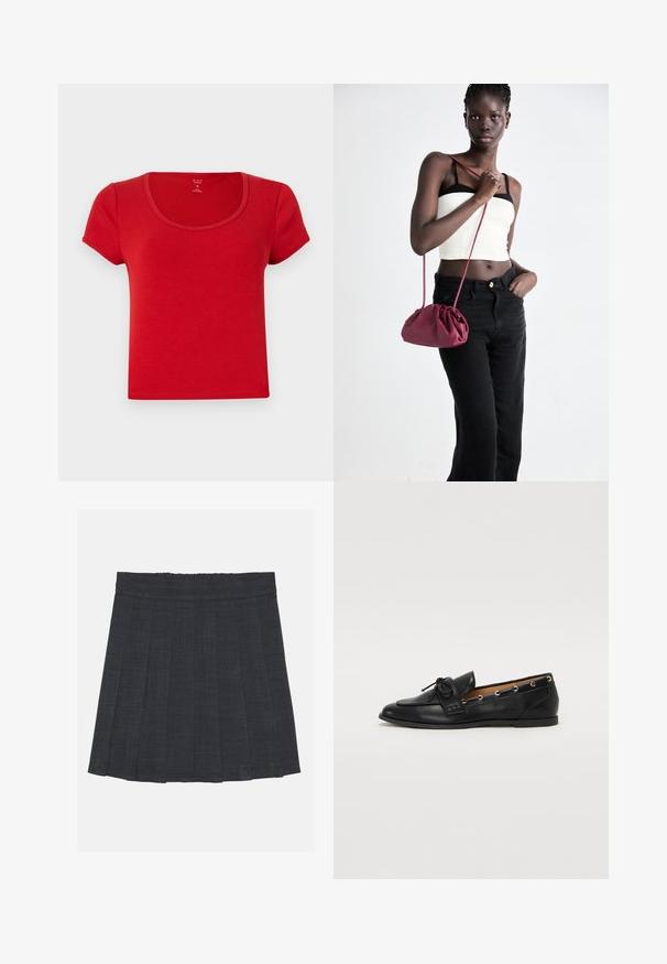 Red short-sleeve t-shirt made from soft fabric, featuring a rounded scoop neckline and a fitted shape with clean edges.; Dark gray pleated skirt with an elastic waistband, featuring a textured fabric and a classic A-line silhouette. Suitable for casual wear.; Black leather loafers with a tied bow, featuring gold eyelet accents along the sides and a flat rubber sole. Smooth texture, classic design.; Burgundy soft fabric handbag with a gathered design and a long strap, worn crossbody. Model wears a white crop top and black jeans.