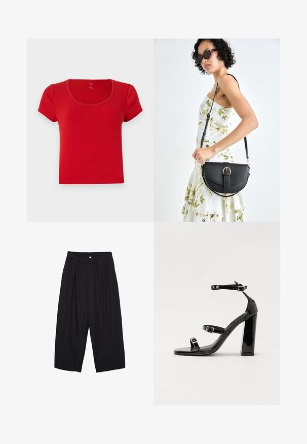 Rød kortærmet t-shirt lavet af blødt stof, med en rund udsyningskrave og en tætsiddende form med rene kanter.; Sorte polyester culotte bukser med elastisk talje, to forpiber og en løs silhuet. Ingen synlige mønstre eller hardware detaljer.; Sorte patenterede hælsandaler med firkantet tå, ankelremme og sølvspænder. Har en chunky blokHæl for stabilitet.; Sort læderhåndtaske med en buet form, aftagelig rem og guldfinish. Tasken har en klap med en spænde detalje.