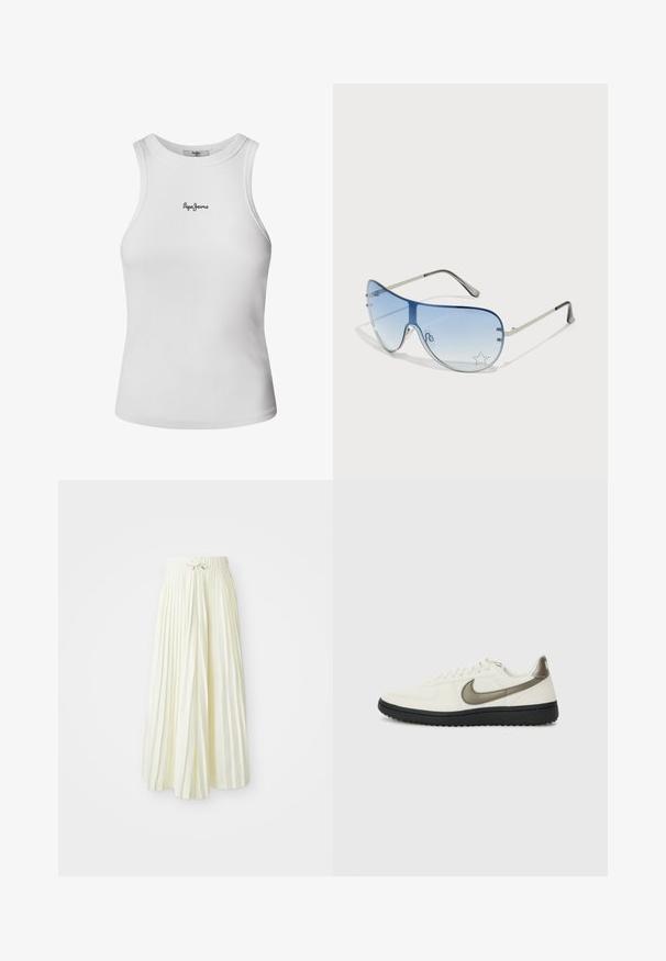 Hvit ribbet tanktop med rund hals og ermeløs design. Har en liten svart "Pepe Jeans" logo på brystet. Myk tekstur.; Plisse midi-skjørt i lys gul stoff, med elastisk midjebånd med knyting, glatt tekstur og vertikale striper for ekstra detaljer.; Nike Sportswear FIELD GENERAL - Joggesko - off-white/black; Pilotbriller med gradient blå linse, sølvfarget metallramme og dekorative stjerneaksenter på linsen. Glatt og stilren design.