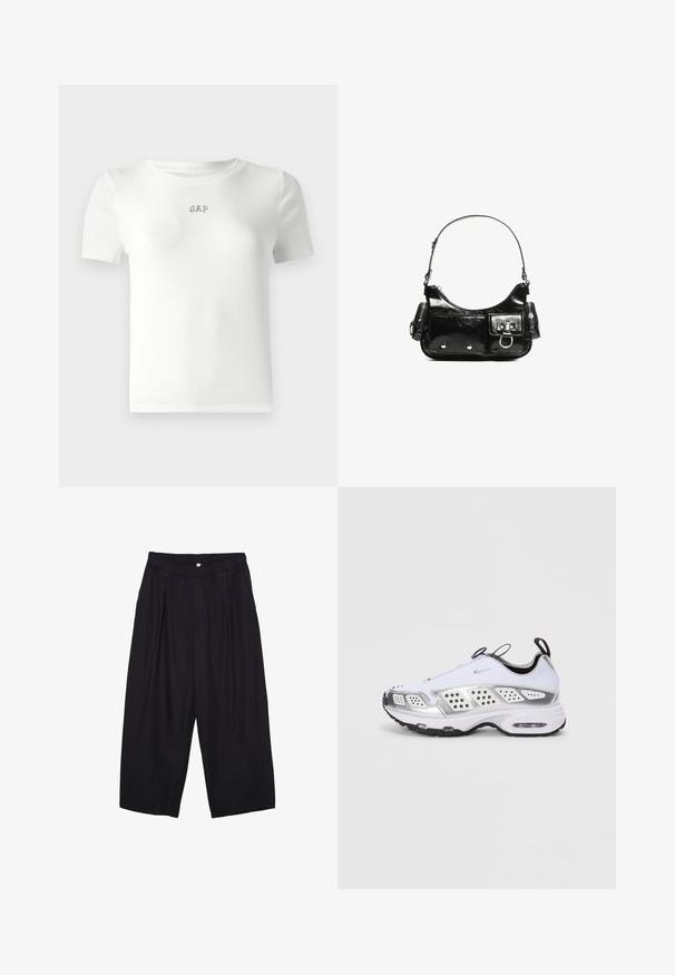 Weißes kurzärmliges, geripptes T-Shirt mit Rundhalsausschnitt und kleinem gesticktem "GAP"-Logo in der Mitte. Weicher Stoff.; Schwarze Polyester-Culotte mit einem elastischen Bund, zwei vorderen Falten und einer lockeren Silhouette. Keine sichtbaren Muster oder Hardware-Details.; Weißer Sportschuh mit silbernen Akzenten, Obermaterial aus Mesh und Synthetik, Luftpolsterung, Perforationen für Atmungsaktivität und Gummisohle.; Schwarze Lackleder-Handtasche mit geschwungenem Design, einem Schulterriemen, Vordertaschen und silberfarbenen Hardware-Akzenten.