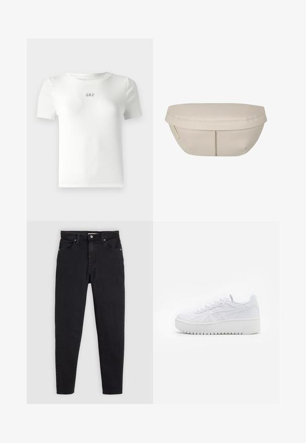 T-shirt bianca a maniche corte in tessuto a costine con scollo rotondo e piccolo logo "GAP" ricamato al centro. Texture di tessuto morbido.; Jeans neri slim fit con chiusura a bottone e zip, design a cinque tasche e passanti per cintura su uno sfondo grigio chiaro.; Sneaker piattaforma bianche con texture in pelle liscia, dettagli perforati e lacci piatti; presenta una robusta suola in gomma bianca.; Pochette in tessuto beige dalla forma arrotondata, con parte superiore piatta e dettagli di cucitura sottili. Include un logo minimalista e una strap laterale.