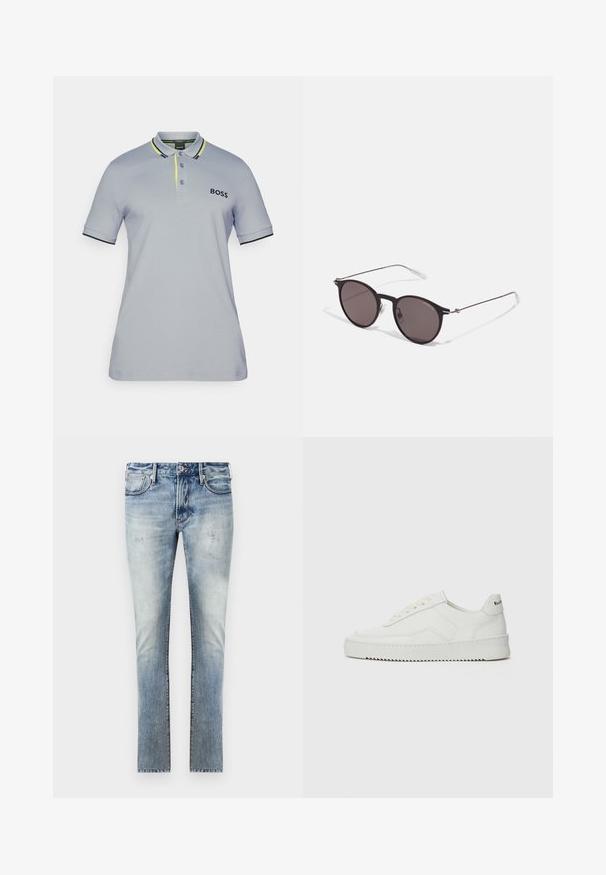Šviesiai pilkas polo marškinėlis su juodais ir ryškiai geltonais akcentais. Turi apykaklę, trijų mygtukų rišimo detales ir išsiuvinėtą logotipą ant krūtinės.; Šviesiai mėlyni džinsai su nuvalytu paviršiumi, aptemptas fasonas, penki kišenės ir kontrastingos siūlės.; Balti odiniai sportiniai bateliai su lygia apdaila, apvaliu pirštu, plokščiais raišteliais ir tekstūruotu padu. Pasižymi subtiliu logotipu ant kulno.; Juodos apvalios saulės akinių su tamsiais lęšiais ir plonomis metalinėmis šakomis. Įtraukti skaidrūs šventyklų galai ir sidabriniai akcentai vyrio srityje. Minimalistinis dizainas.