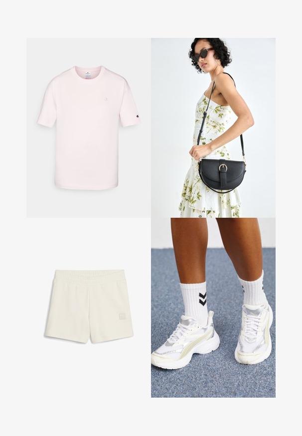 Šviesiai rožinė medvilninė marškinėliai trumpomis rankovėmis, su apvaliu kaklu ir mažo siuvinėtų logotipu krūtinėje bei ant rankovės. Lygi tekstūra.; Kremių spalvos sportiniai šortai su elastinga juosta, priekyje su mažu baltu logotipo užkliju, turintys lygią audinio tekstūrą.; Baltos sportbačiai su sidabro akcentais, tinklelio medžiaga ir masyvūs dizainai. Suderinti su baltais kojiniais, turinčiais juodus zigzago raštus.; Juodas odinis krepšys su išlenkta forma, nuimamu dirželiu ir auksiniais detalėmis. Krepšys turi kilpą su sagtimi.