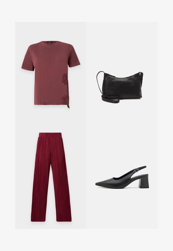 Bordeauxrot T-Shirt aus weichem Stoff, mit kurzen Ärmeln und filigranen Spitzenverzierungen an der Seite, sowie einem gebundenen Akzent am Saum.; Bordeauxfarbene, plissierte, weite Hosen mit elastischem Bund. Der strukturierte Stoff weist vertikale Streifen auf. Gerader Schnitt bis zum Saum.; Schwarze Leder Slingback-Pumps mit spitzem Zehenbereich und klobigem Blockabsatz. Verfügt über einen verstellbaren Riemen mit einer Metall-Schnalle.; Schwarze Ledertasche für die Schulter mit glatter Textur, geschwungener Form, verstellbarem Tragegurt und Reißverschluss. Minimalistisches Design ohne Verzierungen.