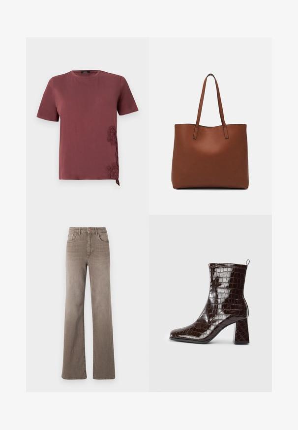 Maroon T-shirt made from soft fabric, featuring short sleeves and intricate lace detailing on the side, with a tied accent at the hem.; Brown high-waist straight-leg jeans with front button, belt loops, and classic five-pocket design on a white background.; Dark brown patent leather ankle boot with crocodile texture, block heel, and pull tab at the back against white background.; Brown leather tote bag with a smooth texture, open top design, and two shoulder straps. Features minimal stitching and no visible hardware.