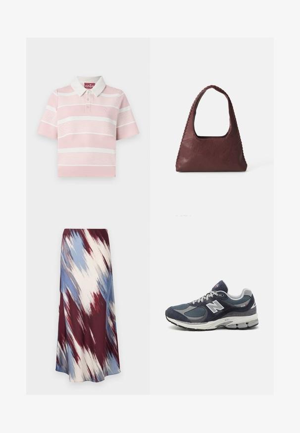 Gaišas rozā un baltām svītrām īsām piedurknēm polo krekls, kas ir aprīkots ar klasisku apkakli un pogu rindu. Tekstūrēta auduma ar logo detaļu.; Maksi svārki no mīksta auduma ar diagonālu rakstu bordo, zilā, pelēkā un krēmkrāsā. Plūstošs dizains ar apakšmalu, kas sniedzas līdz potītēm.; New Balance tenissoles ar jūras spēka krāsas sietu un ādas augšdaļu, pelēkiem akcentiem, baltu logotipu, mīkstu zoli un teksturētām detaļām.; Burgundijas krāsas ādas rokassoma ar trīsstūra formu, atvērta augšdaļa un izsieta detaļa gar rokturi. Gluda tekstūra ar matētu apdari.