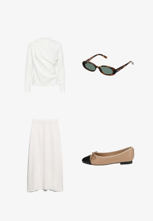 Haut à manches longues blanc avec un design drapé et une texture froncée sur le côté, présentant un col rond et une finition en tissu lisse.; Jupe A-line blanche en tissu lisse, dotée d'une taille haute et d'un design long jusqu'au sol avec un tombé subtil.; Ballerines en cuir beige avec un bout noir. Présentent un détail de nœud à l'avant et une texture lisse. Design à profil bas avec une semelle en caoutchouc.; Lunettes de soleil en écaille de tortue avec des montures ovales et des verres verts. Elles présentent des branches fines avec un accent métallique près des charnières.