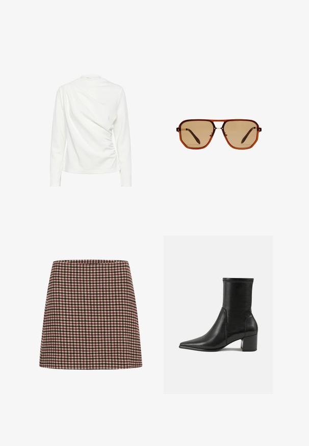 Weißes Langarmoberteil mit drapiertem Design und geraffter Textur an der Seite, ausgestattet mit einem runden Halsausschnitt und einem glatten Stofffinish.; Ein rot-weißer kariert Minirock mit geradem Schnitt und strukturiertem Stoff. Keine sichtbaren Verschlüsse oder Verzierungen.; Schwarze Knöchelstiefel aus glattem Leder, mit spitzem Zehenbereich, einem Blockabsatz und markanten, raised stitching am oberen Rand.; Braune achteckige Sonnenbrille mit einem transparenten, bernsteinfarbenen Rahmen und braun getönten Gläsern. Verfügt über eine Metallverzierung am Steg und schlanke Bügel.; Braune Wildleder-Umhängetasche mit zwei Griffen, einem Knopfverschlussriemen und einer entspannten, leicht schlaffen Form.