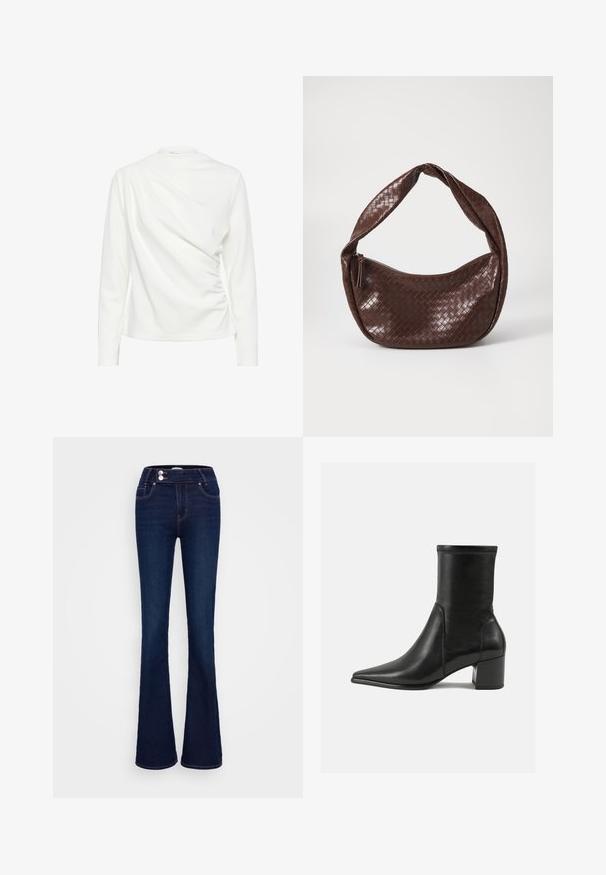 White long-sleeve top with a draped design and gathered texture on the side, featuring a round neckline and a smooth fabric finish.; Dark blue flared jeans featuring a high-rise waist, two front pockets, and two button closures. Made from denim with a smooth texture.; Black ankle boot made of smooth leather, featuring a pointed toe, a block heel, and distinct raised stitching at the top edge.; Brown woven leather handbag with a curved, knotted handle and a zippered closure. Smooth texture and rounded shape.