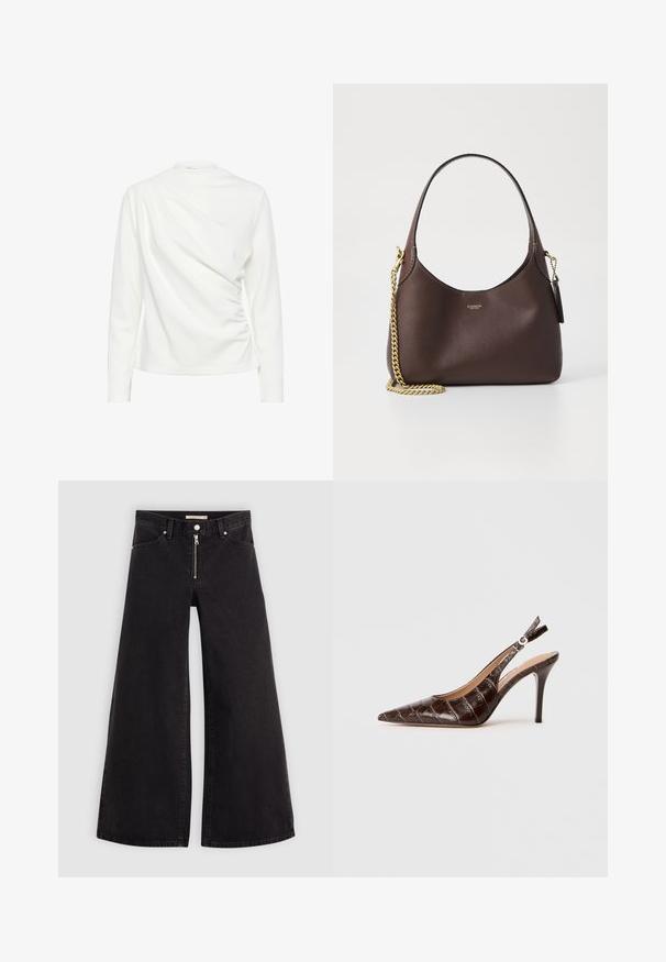 Top bianco a maniche lunghe con un design drappeggiato e texture arricciata sul lato, dotato di un collo rotondo e una finitura in tessuto liscia.; Jeans a gamba larga in denim nero con chiusura a zip, design a cinque tasche e dettagli di cucitura sottili. Texture morbida e stile casual.; Slingback pump in pelle marrone con effetto coccodrillo, punta appuntita, lati aperti e tacco alto sottile. Progettato con regolazione a fibbia.; COACH BROOKLYN SHOULDER BAG 23 - Borsa a mano - maple