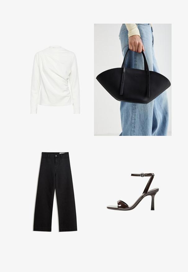 Weißes Langarmoberteil mit drapiertem Design und geraffter Textur an der Seite, ausgestattet mit einem runden Halsausschnitt und einem glatten Stofffinish.; Schwarze weit geschnittene Jeans mit hoher Taille, ausgestattet mit Vorder- und Hintertaschen, gesteppten Nähten und einem Knopfverschluss. Glatte Textur.; Braune Lackleder-High-Heelsandale mit einem Knöchelriemen, offener Zehenpartie und einem schlanken, minimalistischen Design. Verfügt über einen quadratischen Absatz.; Schwarze Lederhandtasche mit einzigartiger Fächerform, ausgestattet mit flachen Griffen. Die Oberfläche hat eine genoppte Textur und ein minimalistisches Design.