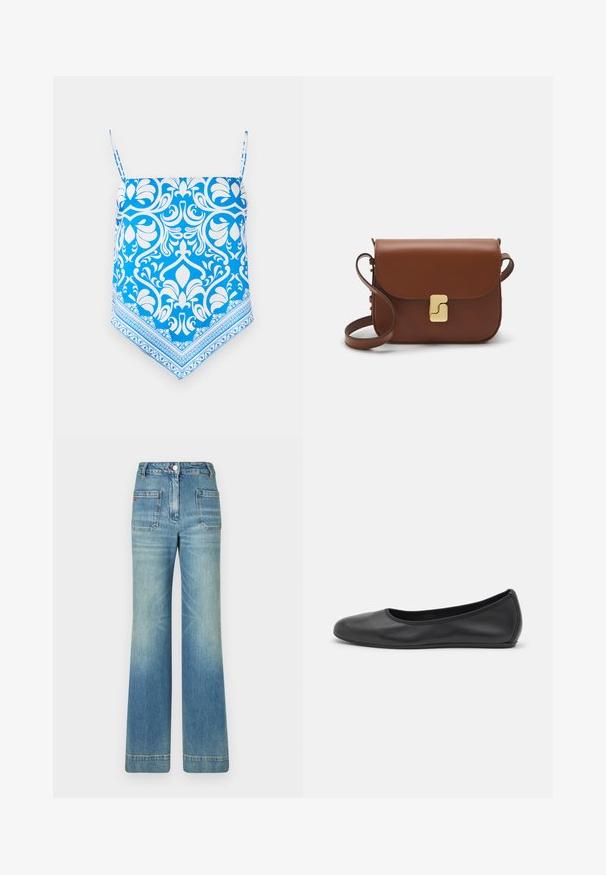 Plava doručnica s uzorkom s bijelim cvjetnim dizajnom, koja ima tanke naramenice i trokutasti rub s složenim obrubnim detaljima.; Svijetloplave traperice s flare krojem, pet džepova, petljama za pojas, zatvaranjem na gumb i blago izblijedjelom teksturom, s detaljem crvenog loga na stražnjoj strani.; Crne kožne baletanke s zaobljenim vrhom, glatke teksture, minimalnim detaljima šavova i fleksibilnim dizajnom potplata.; Smeđa kožna torba s preklopom, zlatnim detaljima, remenom za nošenje preko ramena i glatkom teksturom. Kompaktni pravokutni oblik.