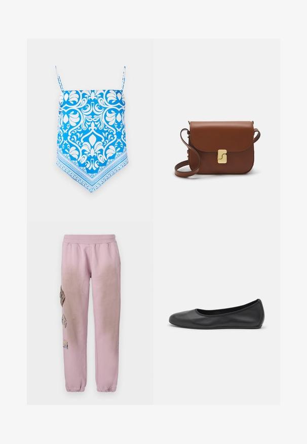 Kék, mintás pántos felső fehér virágmintával, vékony vállpántokkal és háromszögletű hem-el, bonyolult szegéllyel.; Rózsaszín melegítőnadrág elasztikus derékkal, bal oldalon gyémánt alakú dekoratív foltokkal és elasztikus szárakkal az bokákon.; Fekete bőr balettcipő lekerekített orral, sima tekstúrával, minimális varrással és rugalmas talp kialakítással.; Barna bőr kézitáska, hajtókás zárással, arany színű fém kiegészítőkkel, vállpánttal és sima felülettel. Kompakt téglalap alakú.