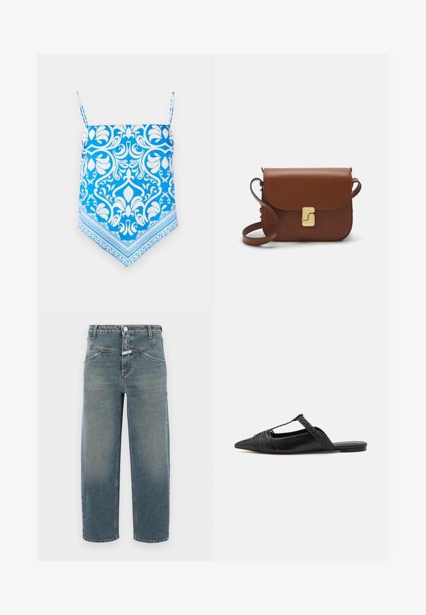 Blue patterned camisole top with white floral design, featuring thin shoulder straps and a triangular hem with intricate border detailing.; CLOSED STOVER X - Jeans Tapered Fit - mid blue; Black leather slingback shoe with a pointed toe, featuring a woven accent and pleated upper design. Flat sole with minimal hardware.; Brown leather handbag with a flap closure, gold-tone hardware, a shoulder strap, and a smooth texture. Compact rectangular shape.