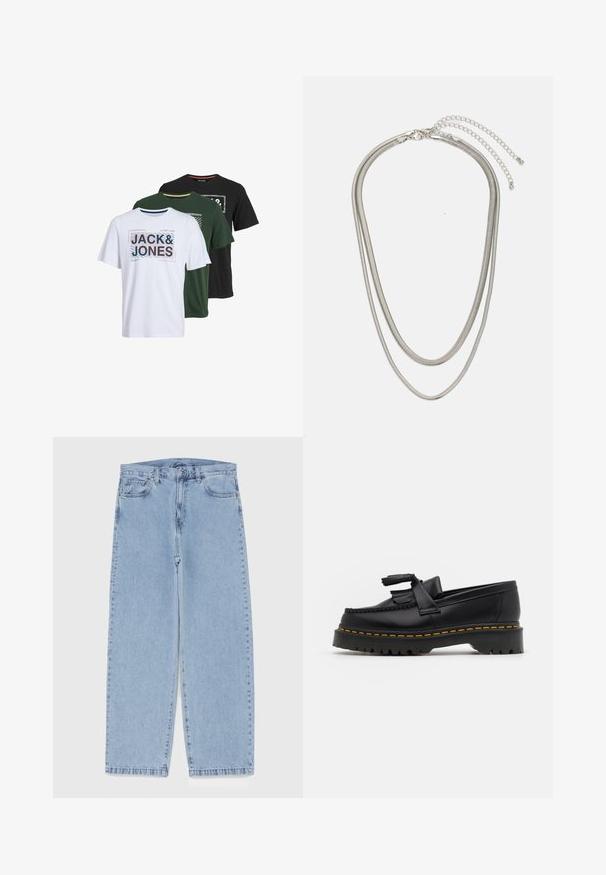 Tres camisetas de manga corta en blanco, verde y negro, con estampados gráficos que incluyen el texto "JACK & JONES" en diferentes estilos y colores.; Jean de mezclilla azul claro con diseño de pierna recta, con una cintura de altura media, cinco bolsillos y un cierre de botón y cremallera.; Mocasín de cuero negro con un acento de borlas, que presenta una suela gruesa negra y costuras amarillas a lo largo del borde. Acabado texturizado.; Collar de metal plateado de tres capas que presenta cadenas flexibles y elegantes con un ligero brillo, asegurado con un cierre de langosta y cadena ajustable.
