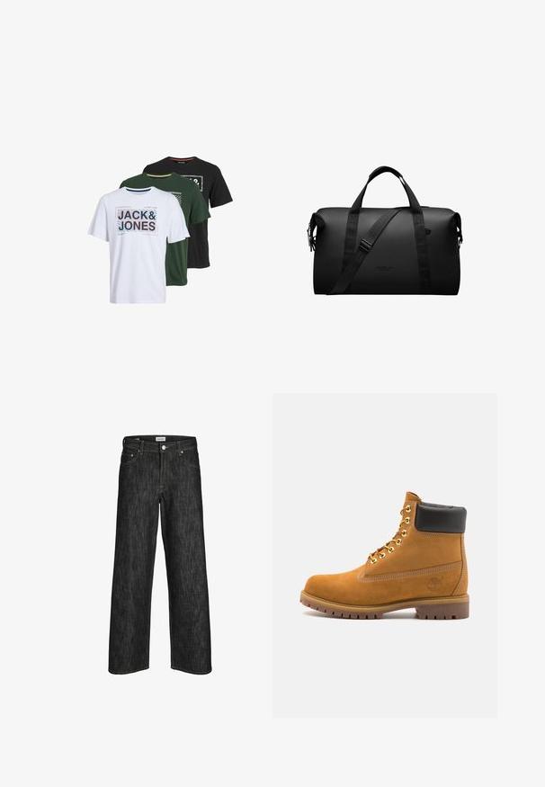 Drie T-shirts met korte mouwen in wit, groen en zwart, voorzien van grafische prints met de tekst "JACK & JONES" in verschillende stijlen en kleuren.; Zwart denim broek met wijde pijpen, voorzien van contrasterende gele stiksels, een vijf-pocket ontwerp en een knoopsluiting in de taille. Duurzame materiaalkwaliteit.; Tan suède enkelboot met zwart gevoerd kraagje, gouden metalen oogjes, witte stikdetails en een robuuste rubberen zool met uitgesproken profiel.; Zwarte duffelbag gemaakt van duurzaam materiaal; voorzien van dubbele handvatten en een verstelbare schouderband; minimalistisch ontwerp met logo-detail.