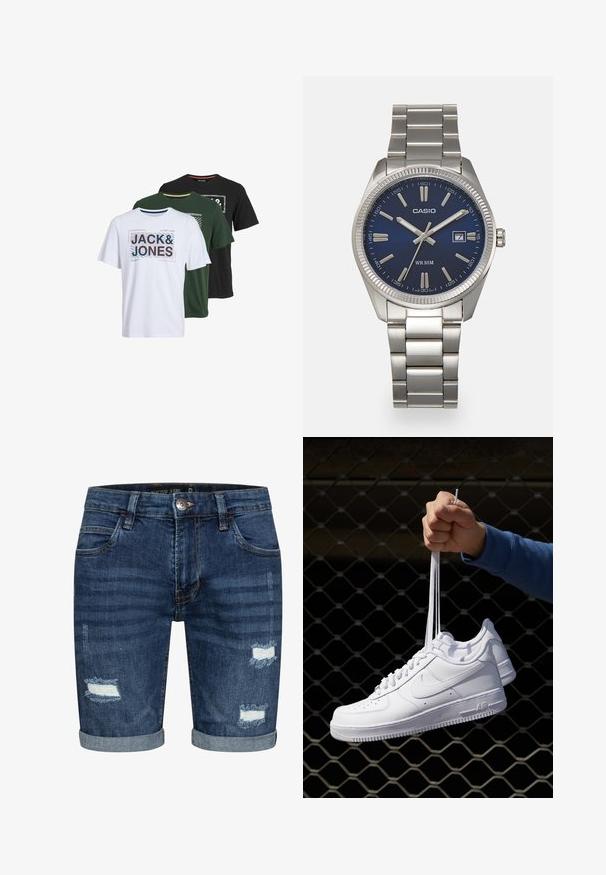 Three short-sleeve t-shirts in white, green, and black, featuring graphic prints with the text "JACK & JONES" in varying styles and colors.; Dark blue denim shorts with cuffed hems, featuring distressed details with frayed edges on the front. Five-pocket design with a button closure.; White leather sneakers with perforations, round toe, flat sole, and thick laces, featuring a visible swoosh logo and "AIR" on the heel.; Silver stainless steel wristwatch with a navy blue dial, metallic hour markers, and a date window at 3 o'clock. Water-resistant to 50 meters.