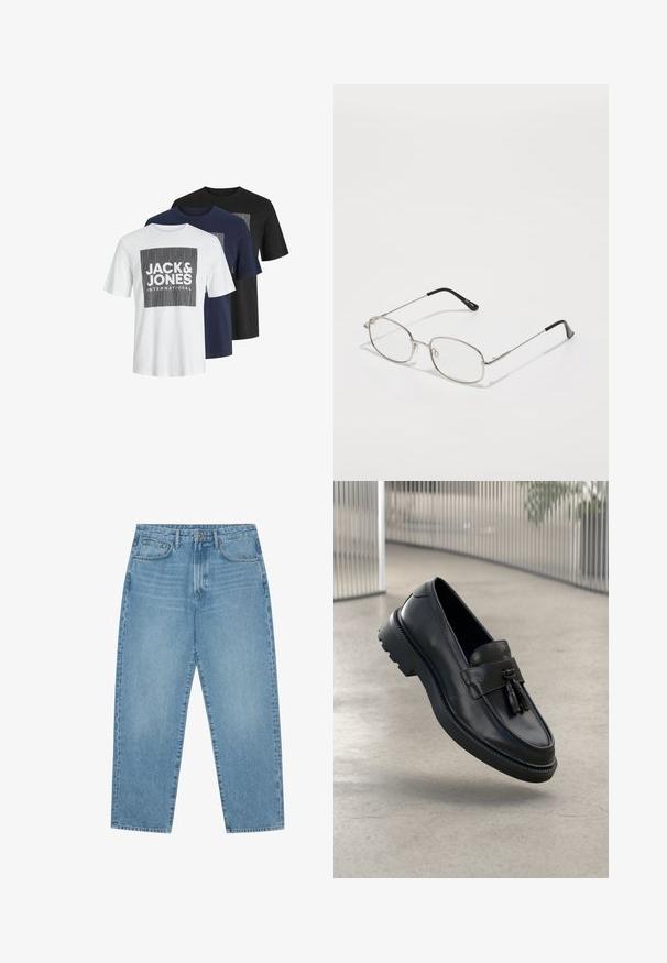 Drei T-Shirts mit kurzen Ärmeln in Weiß, Marineblau und Schwarz. Jedes hat ein kastiges Grafikdesign mit dem fett gedruckten Text "JACK & JONES".; Hellblaue Jeans aus Denim mit geradem Bein, Fünf-Taschen-Design und leicht verwaschener Textur. Mit Knopf- und Reißverschluss ausgestattet.; Schwarze Leder-Loafer mit glatter Oberfläche, dekorativem Quasten, dicker Gummisohle und abgesteppten Akzenten. Leichtes und schlankes Design.; Metallbrille mit ovalem Rahmen, silbernen Fassungen und klaren Gläsern. Schmale, gerade Bügel mit schwarzen Enden, minimalistisches Design.