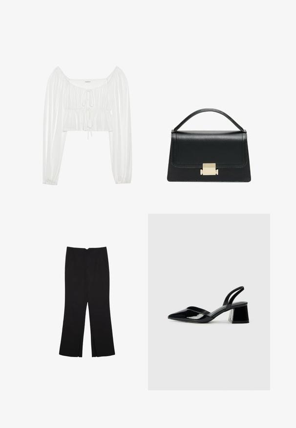 Weißes kurz geschnittenes Blusenoberteil mit langen, gepufften Ärmeln. Hat eine geraffte Vorderseite und eine Kordelzugdetail am Ausschnitt. Aus glattem, leichtem Material.; Schwarze Hose mit geradem Schnitt, ausgestattet mit Fronttaschen und Seitenschlitzen am Saum. Hergestellt aus weichem, glattem Stoff. Geeignet für verschiedene Anlässe.; Schwarze Lackleder-Slingback-High Heels mit spitzem Schuh und einem geometrischen Blockabsatz. Verfügt über ein schlankes, minimalistisches Design und eine glatte Textur.; Schwarze Lederhandtasche mit strukturiertem Design, oberem Griff und einem goldenen Metallschnappverschluss auf der Vorderseite. Glatte Textur, minimale Nähte.