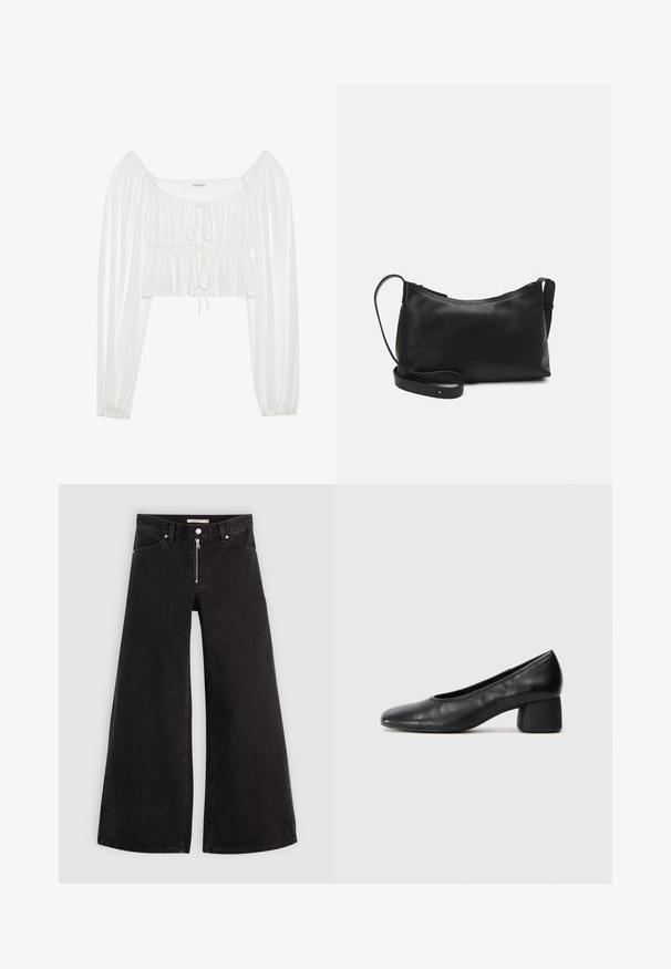 Witte cropped blouse met lange, opgeblazen mouwen. Beschikt over een gerimpelde voorkant en trekkoorddetails bij de halslijn. Soepele, lichtgewicht stof.; Wijdvallende jeans van zwarte denim met een ritssluiting aan de voorkant, vijf zakken en subtiele stikdetails. Soepele textuur en casual stijl.; Zwarte leren pump met een ronde neus en een middenblokhak. Glad textuur met minimale details, voorzien van een subtiele elastische opening.; Zwarte leren schoudertas met een gladde textuur, gebogen vorm, verstelbare schouderband en een ritsafsluiting. Minimalistisch ontwerp zonder versieringen.