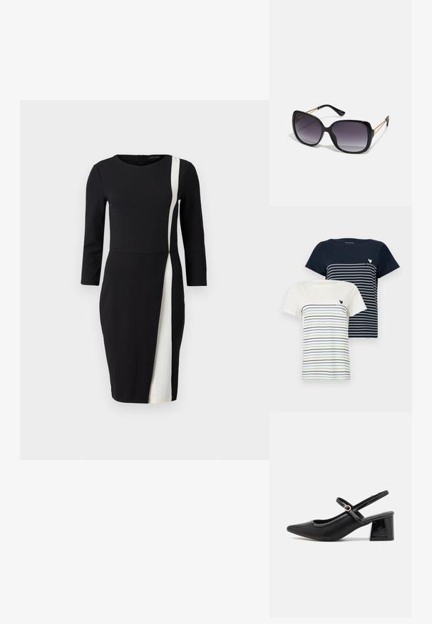 Two t-shirts: one navy with white stripes and one cream with blue and green stripes. Both feature short sleeves and a round neckline.; Black dress with three-quarter sleeves, featuring a white diagonal stripe. Made of smooth fabric, fitted waist, and knee-length design.; Black patent leather slingback heels with a pointed toe, a rounded cutout design, and a block heel. Features a gold-tone buckle accent.; Black oversized sunglasses with gradient lenses, thick frames, and gold-tone chain detailing on the temple arms.; Black tote bag made of synthetic material, featuring simple rectangular design, gold square accents, and double handles.