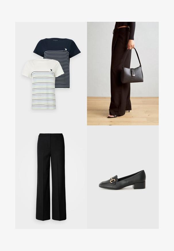 Două tricouri: unul albastru închis cu dungi albe și unul crem cu dungi albastre și verzi. Ambele au mâneci scurte și un gât rotund.; Pantaloni negri cu picioare largi dintr-un material neted, având talie înaltă, cusături adaptate și un design minimalist. Fără accesorii vizibile sau buzunare.; Loaferi negri din piele, cu toc plat, având un detaliu decorativ din hardware auriu în față și o textură netedă.; Genți negre cu o formă structurată, textură netedă și un închizător metalic. Asortată cu pantaloni negri largi și sandale cu vârf deschis pe un podea din lemn.