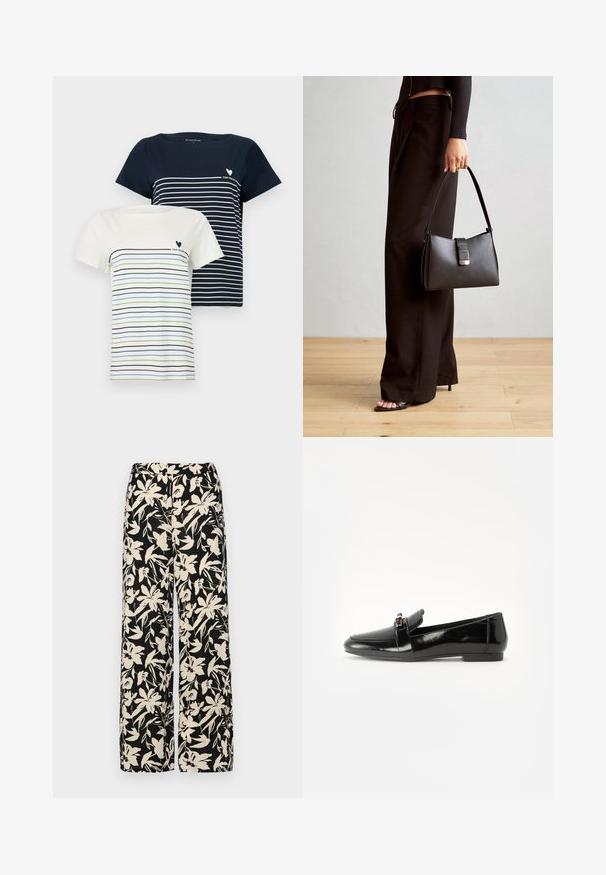 To t-skjorter: en marineblå med hvite striper og en kremfarget med blå og grønne striper. Begge har kort erm og rund hals.; Sorte vide bukser med et cremet blomster mønster. Fremstillet af letvægtsstof, med en glat tekstur og en høj talje.; Svart lakkert lærloafer med flat såle, rund tå og en dekorativ rem med gulltonet akzent. Glatt, blank overflate.; Svart håndveske med strukturert form, jevn tekstur og metallisk lås. Kombinert med brede svarte bukser og sandaler med åpen tå på tregulv.