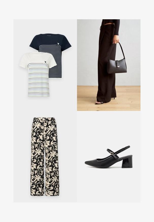 Dvé trička: jedno námořnické s bílými pruhy a druhé krémové s modrými a zelenými pruhy. Obě mají krátké rukávy a kulatý výstřih.; Černé kalhoty s širokými nohavicemi a krémovým květinovým vzorem. Vyrobené z lehké tkaniny, s hladkým povrchem a vysokým pasem.; Černé lakované lodičky s otevřenou patou, špičatou špičkou, zaobleným střihem a blokovým podpatkem. Zdobené akcentem v zlatém tónu.; Černá kabelka se strukturovaným tvarem, hladkým povrchem a kovovým uzávěrem. Kombinována s širokými černými kalhotami a sandály s otevřenou špičkou na dřevěné podlaze.